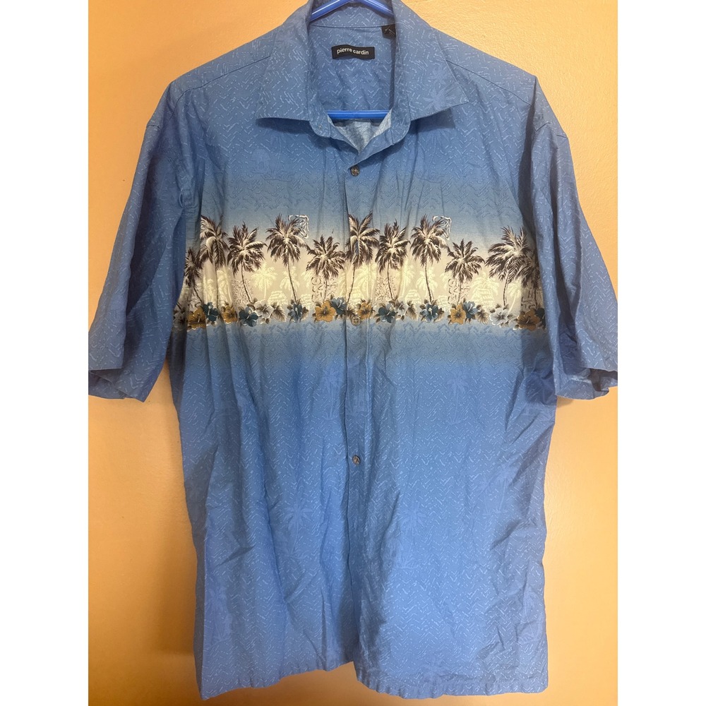 Pierre Cardin Mens XL Blue Tropical Palm Tree Floral Button Down Cotton Shirt